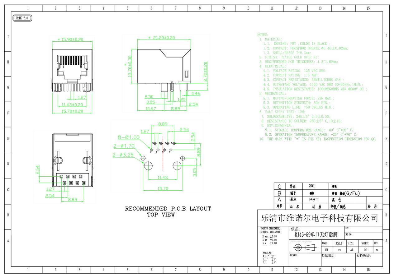 RJ45-59 Lub chaw nres nkoj ntawm ib qho chaw tsis muaj lub teeb tsheb Pin Network)